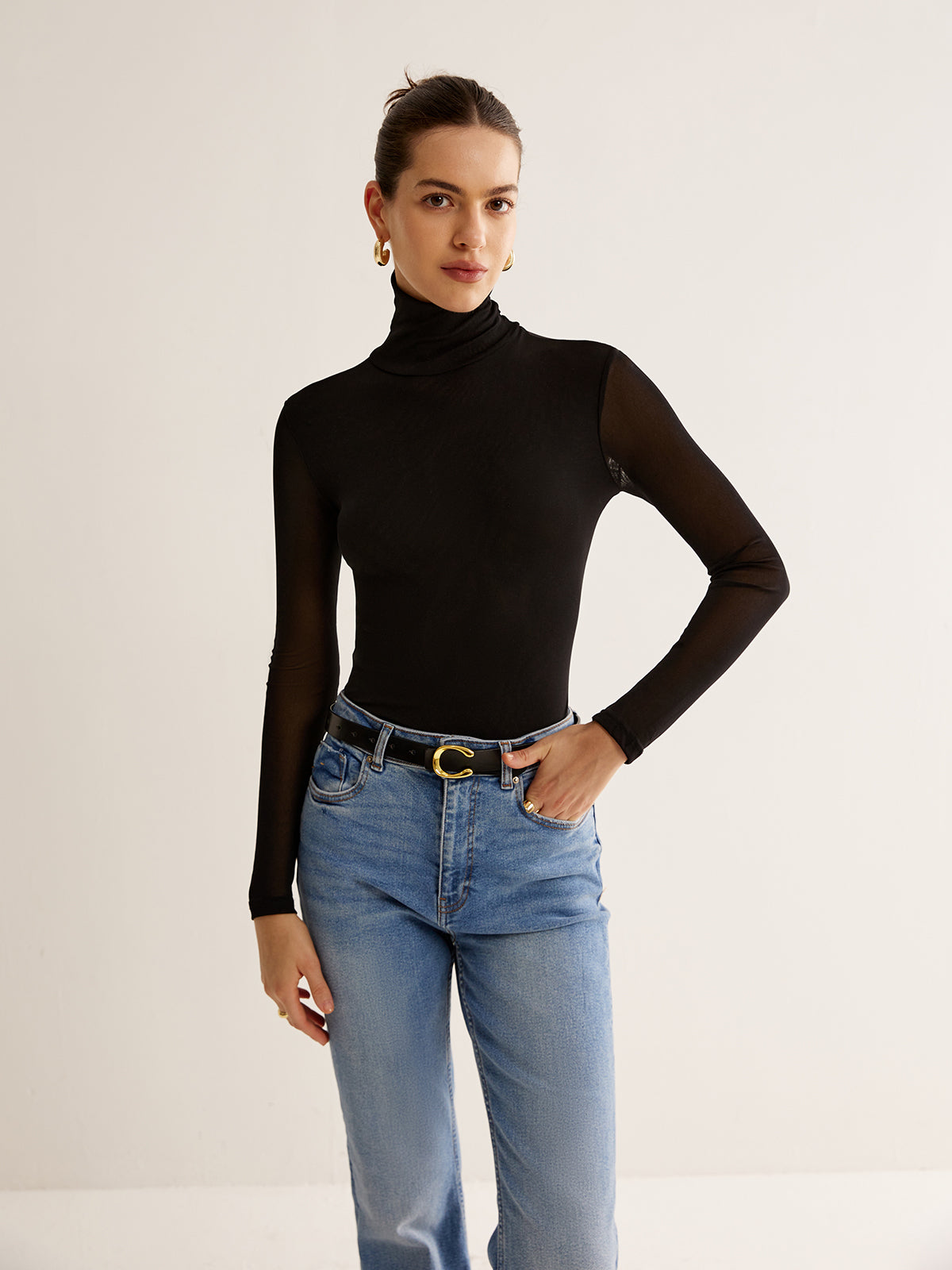 Turtleneck Sheer Sleeve Jersey Üst
