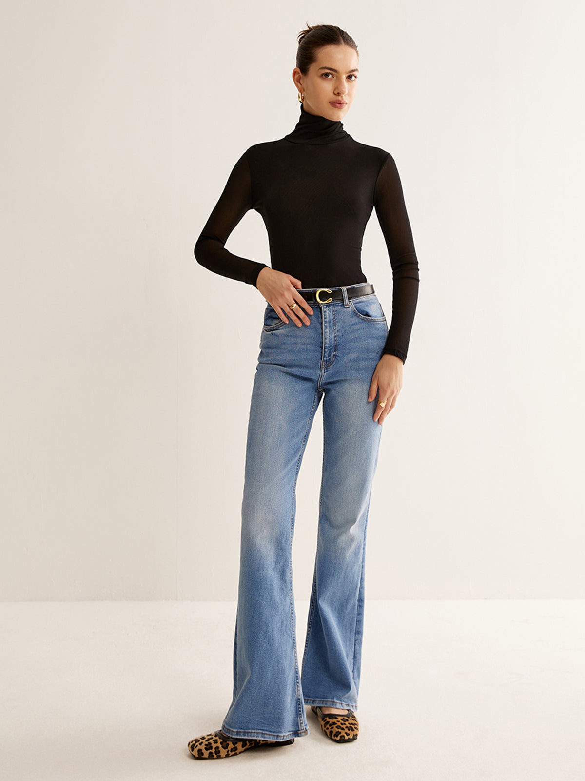 Turtleneck Sheer Sleeve Jersey Üst