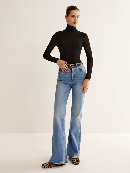 Turtleneck Sheer Sleeve Jersey Üst