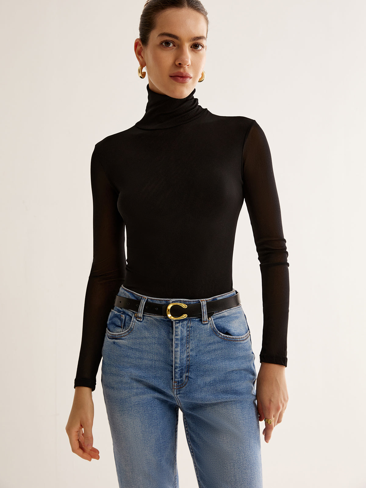 Turtleneck Sheer Sleeve Jersey Üst