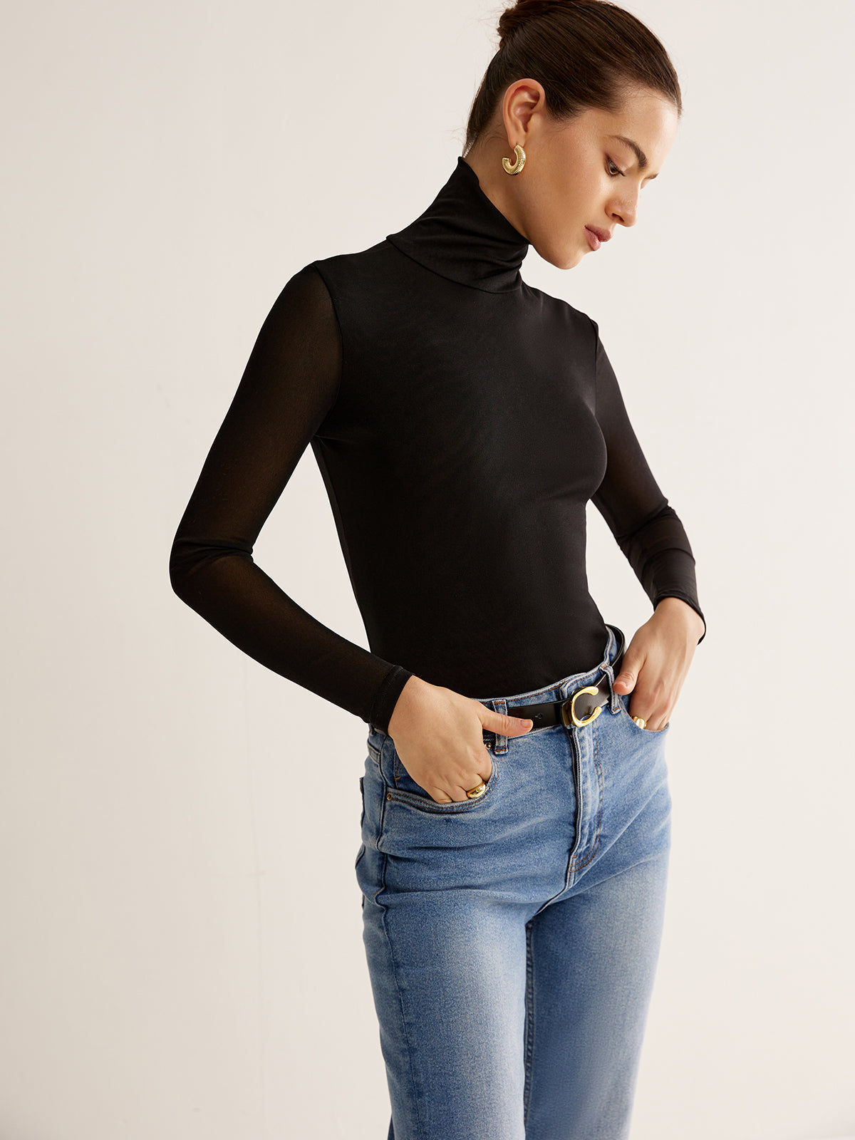 Turtleneck Sheer Sleeve Jersey Üst