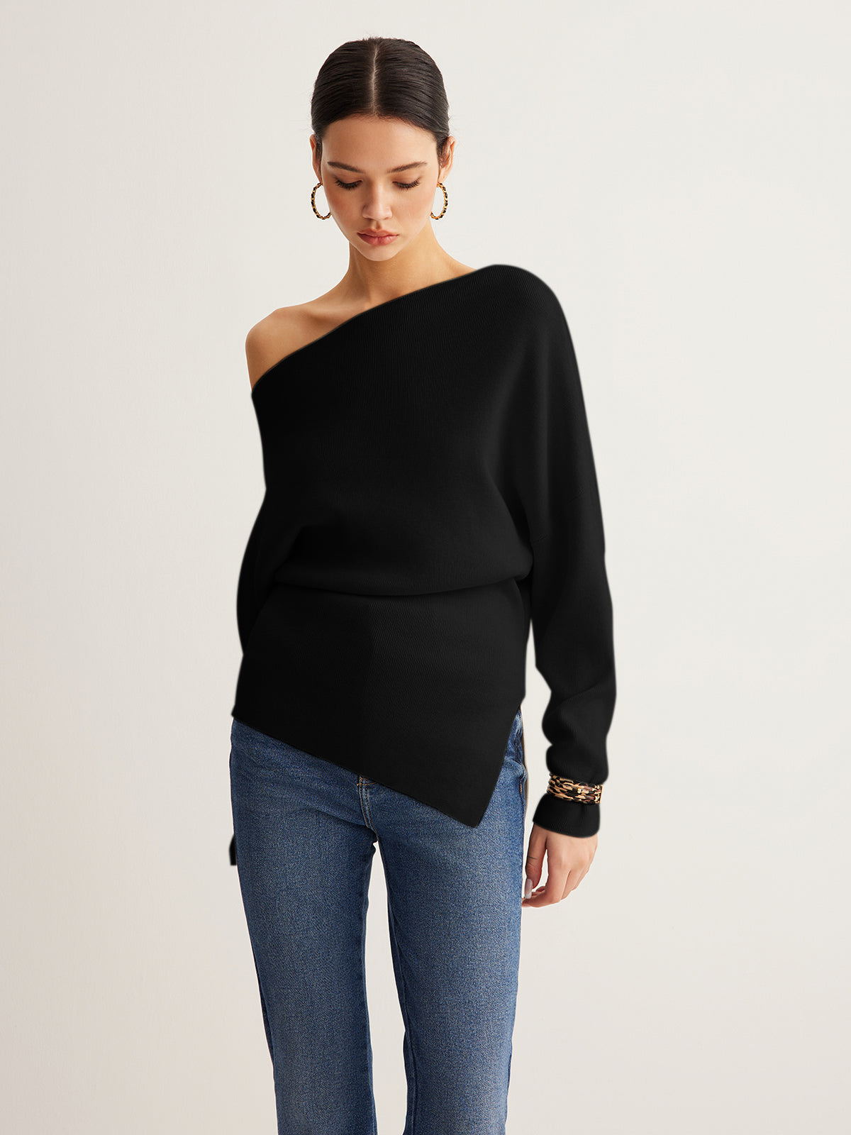 Wool-Blend Asymmetrical Neck Knit Üst