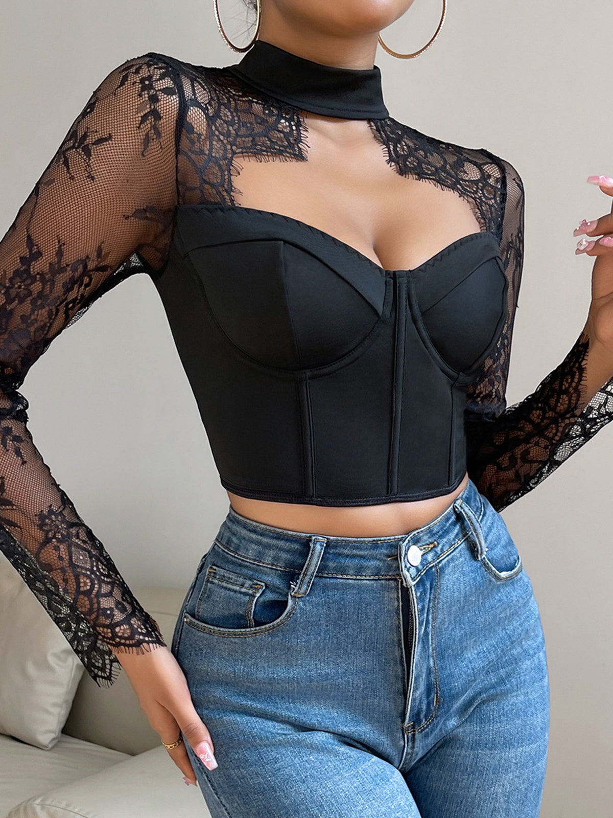 Cutout Lace Panel Corset Bluz