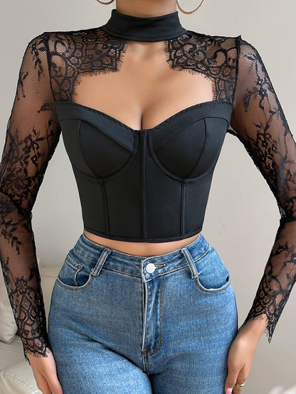 Cutout Lace Panel Corset Bluz