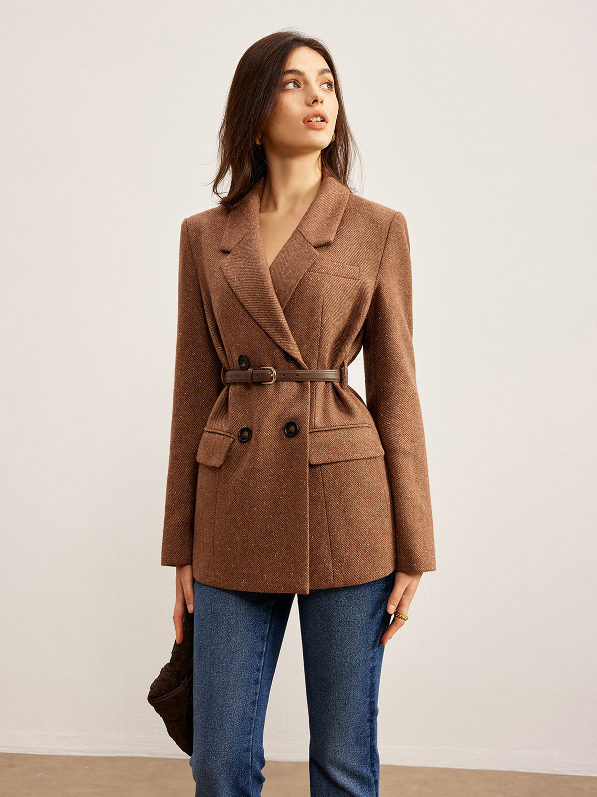 Wool-Blend Textured Belted Blazer Ceket