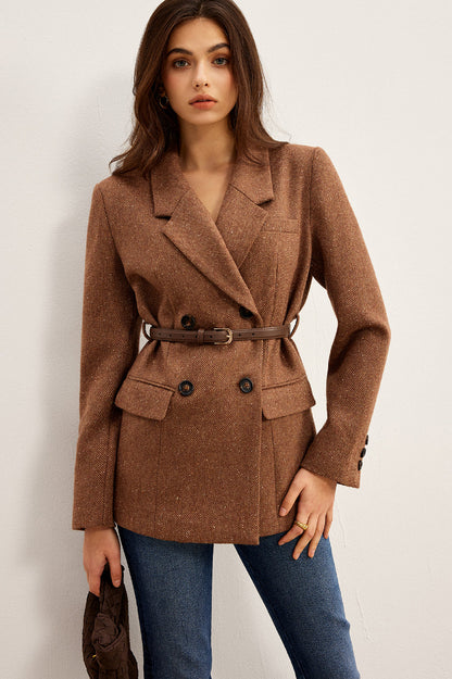 Wool-Blend Textured Belted Blazer Ceket