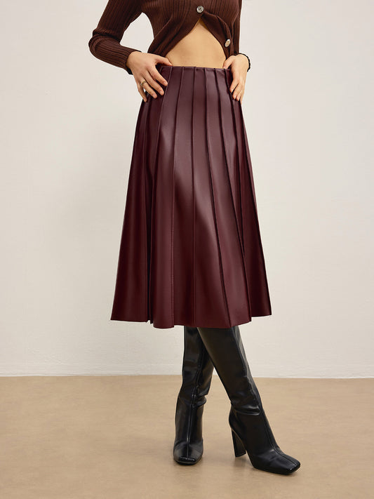 Faux Leather Pleated Midi Etek