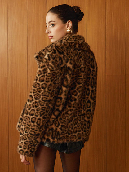 Leopard Printed Faux Fur Warm Palto