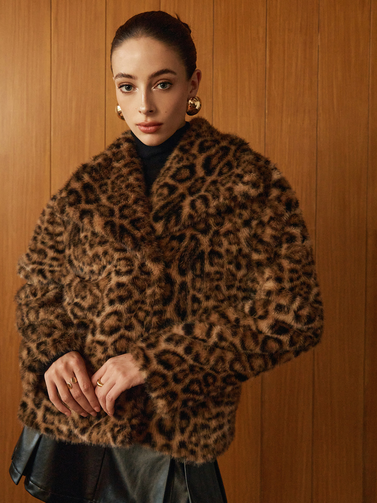 Leopard Printed Faux Fur Warm Palto