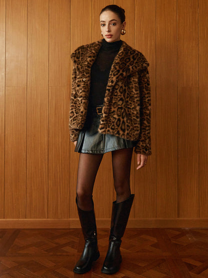 Leopard Printed Faux Fur Warm Palto