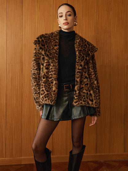 Leopard Printed Faux Fur Warm Palto