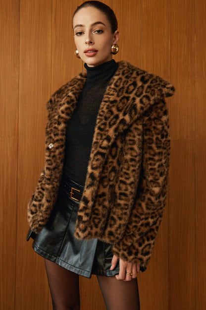 Leopard Printed Faux Fur Warm Palto