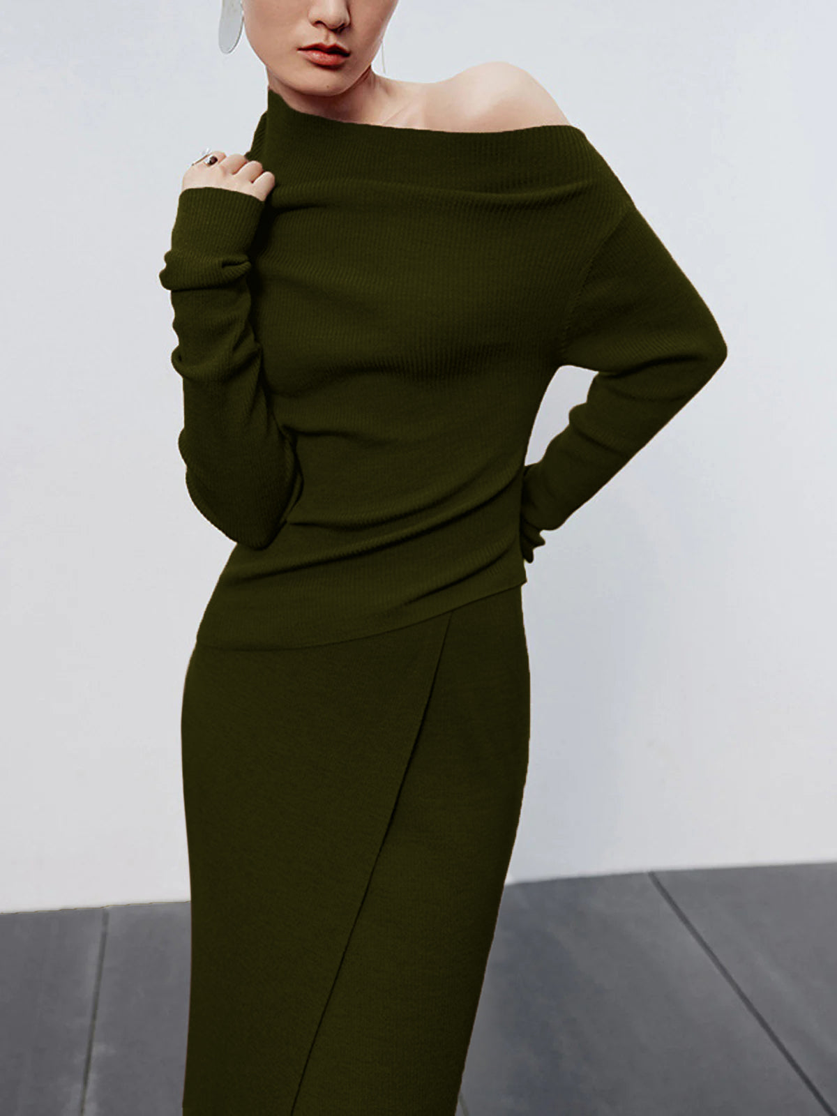 Caramel Asymmetric Neckline Long Sleeve Knit Üst