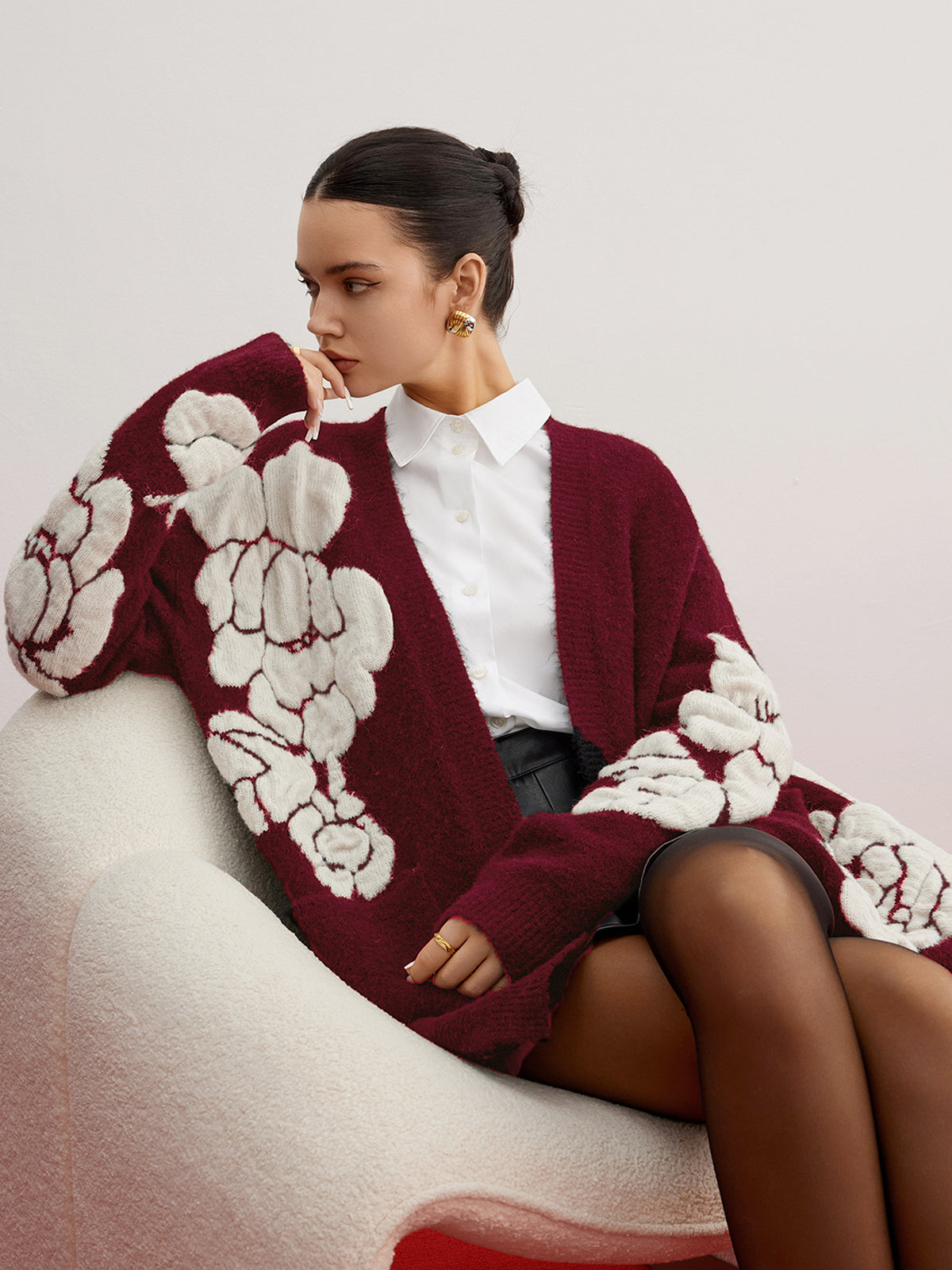 Wool-Blend Knit-Floral Hırka