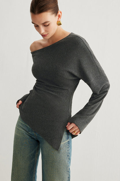 Asymmetrical Neck Slit Cinched Üst