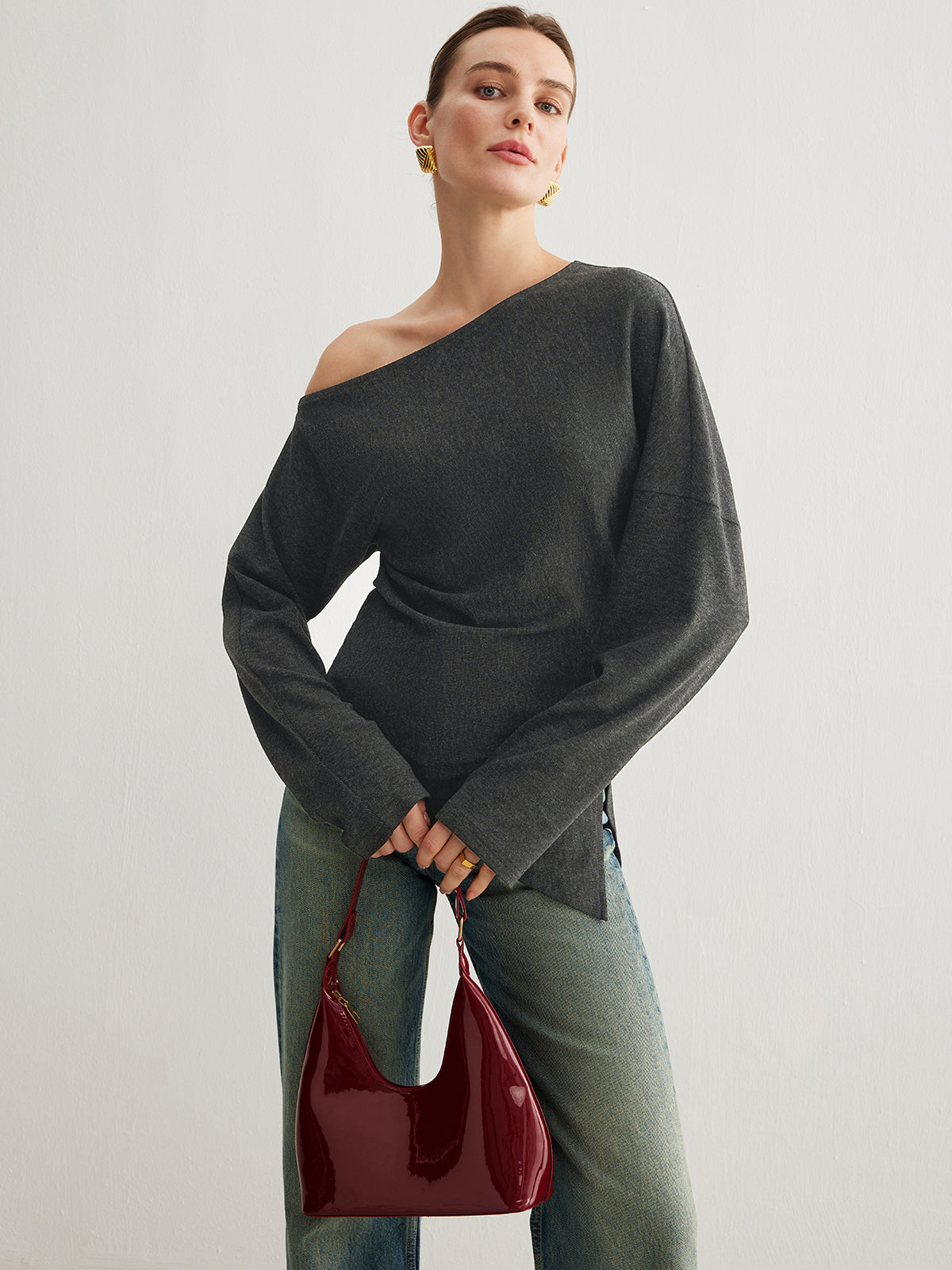 Asymmetrical Neck Slit Cinched Üst