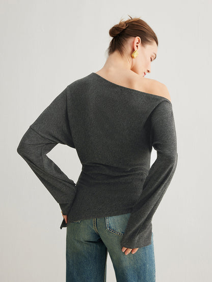 Asymmetrical Neck Slit Cinched Üst