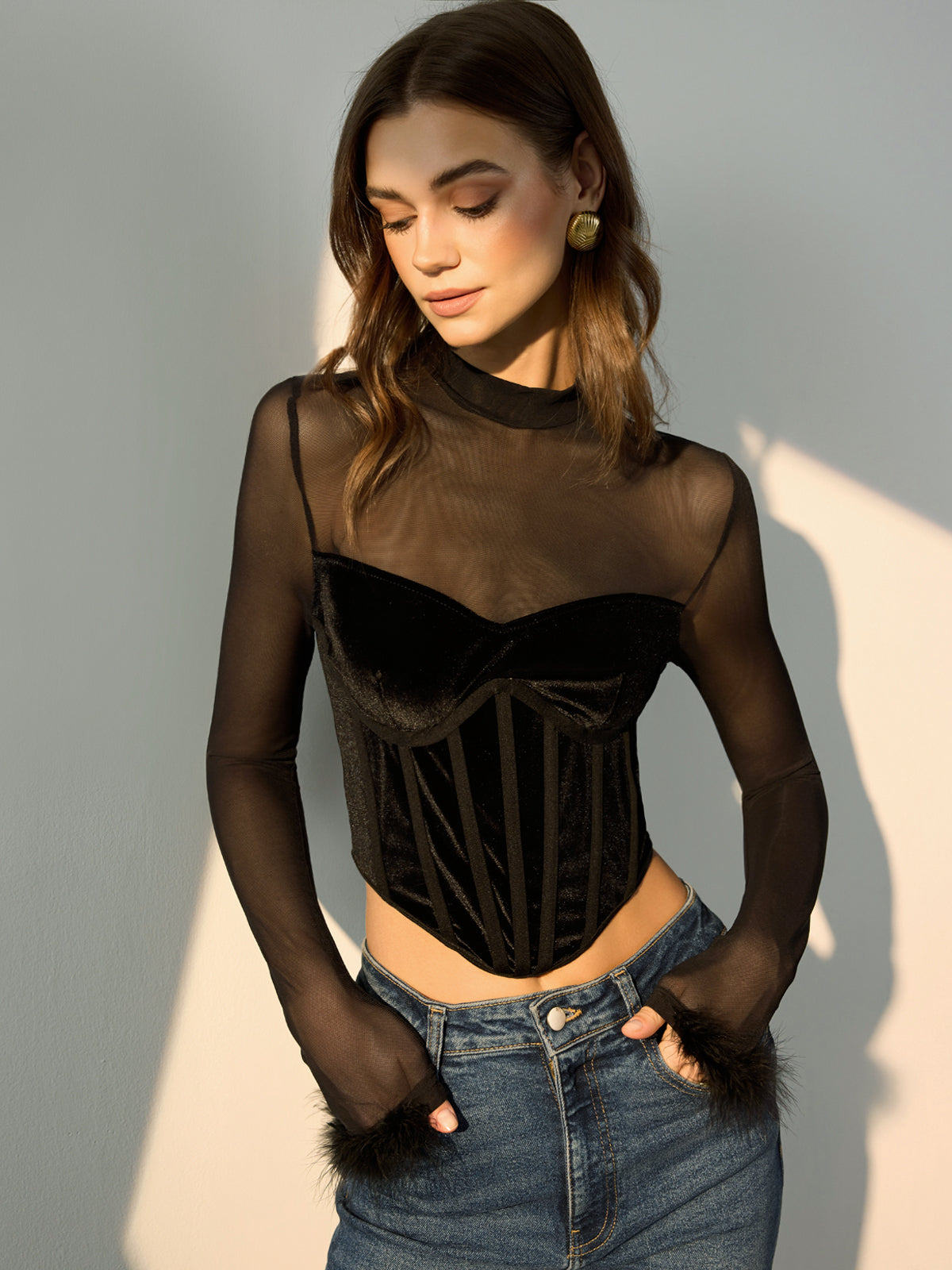 Tulle Panel Velvet Crop Bluz