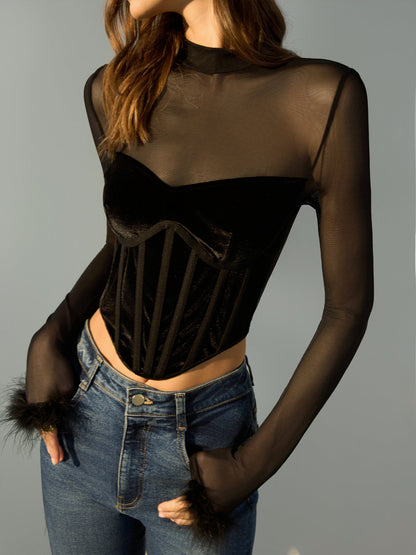 Tulle Panel Velvet Crop Bluz