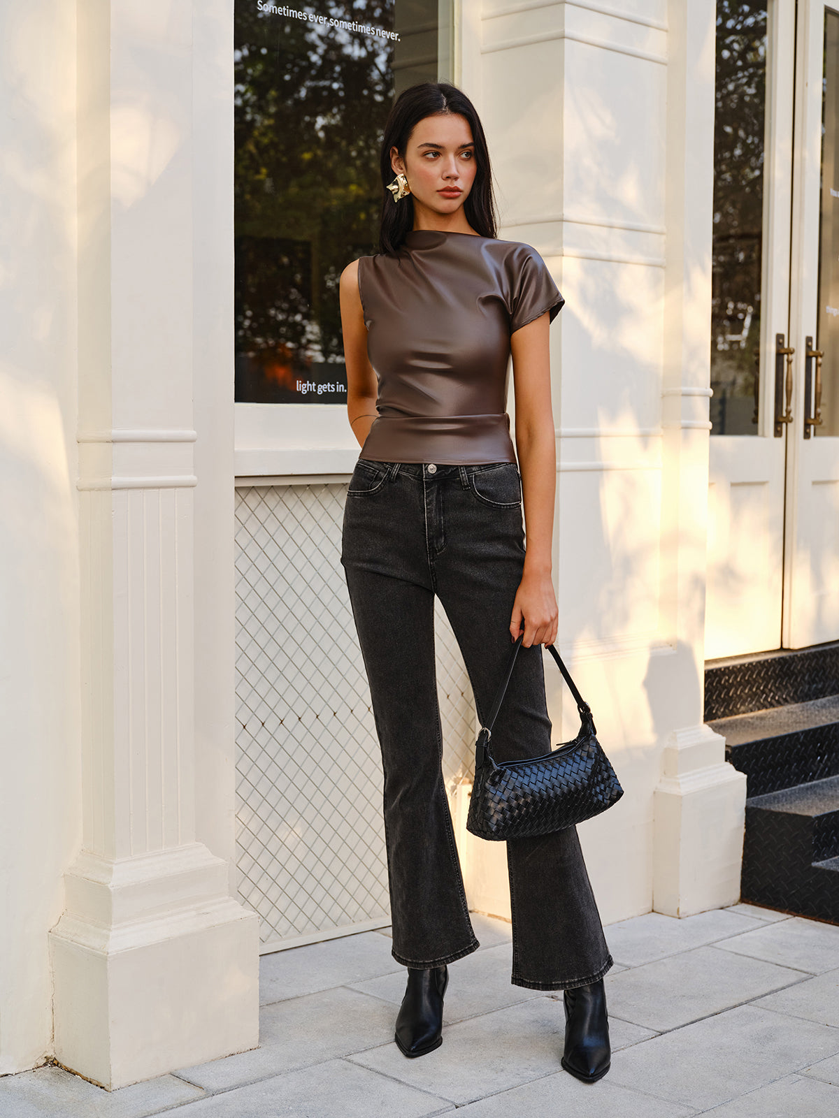 Asymmetrical Skinny Faux Leather Kolsuz Üst