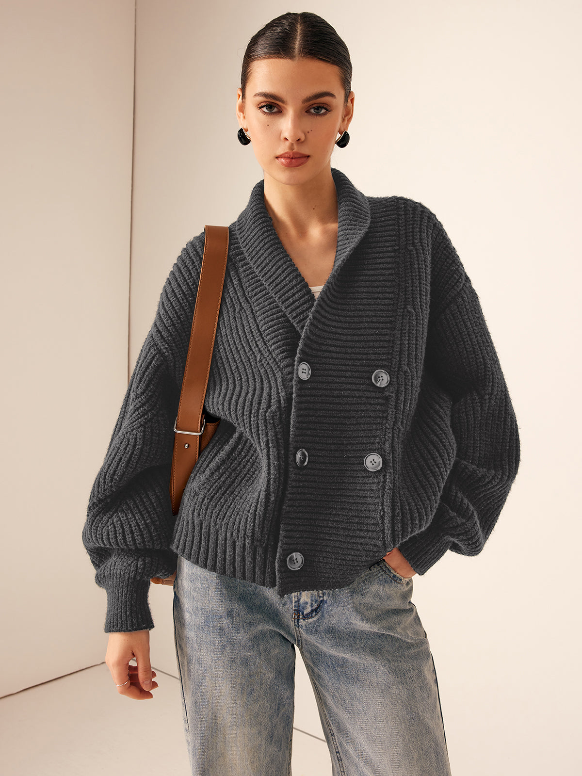 Ribbed Lapel Button Knit Üst