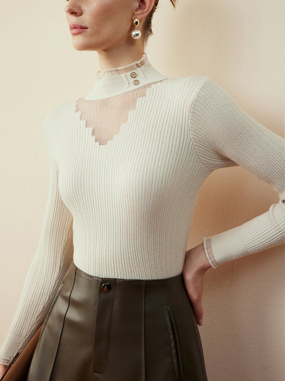 Mock Neck Sheer-Detail Slim Bluz