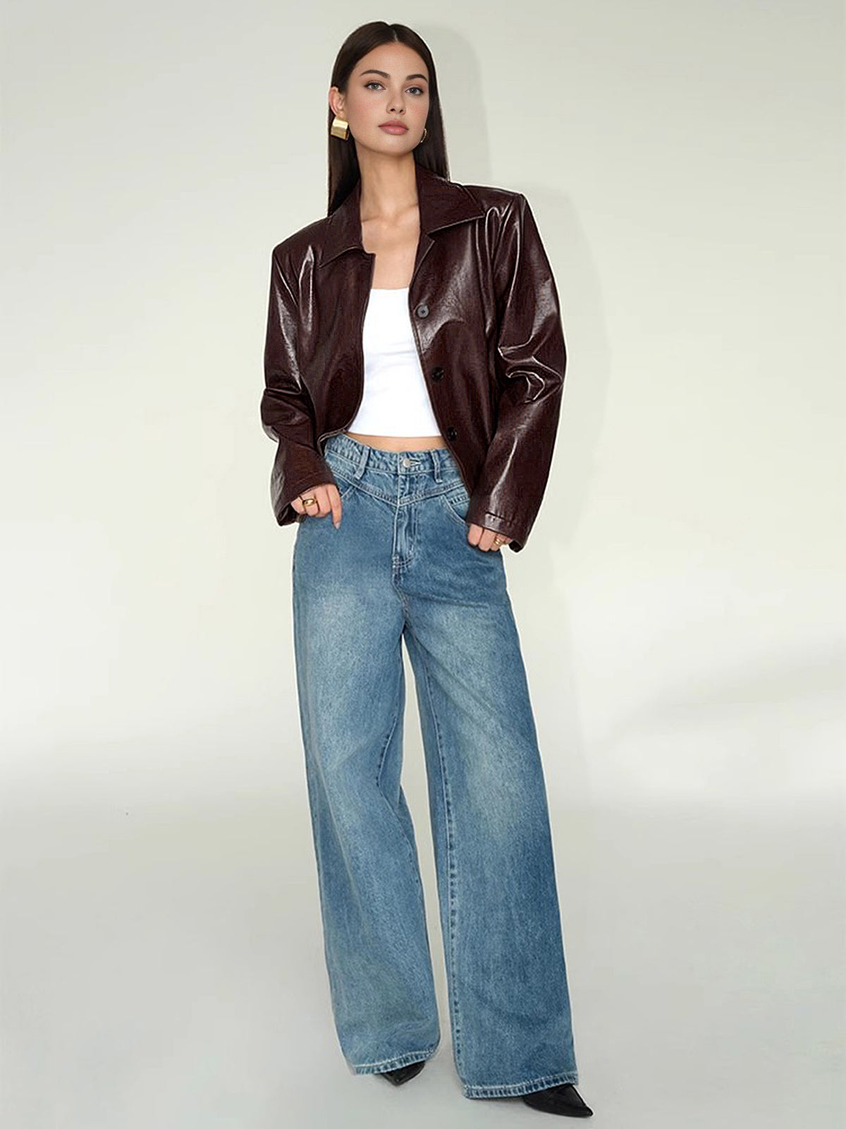 Faux Leather Zipper Short Polo Ceket