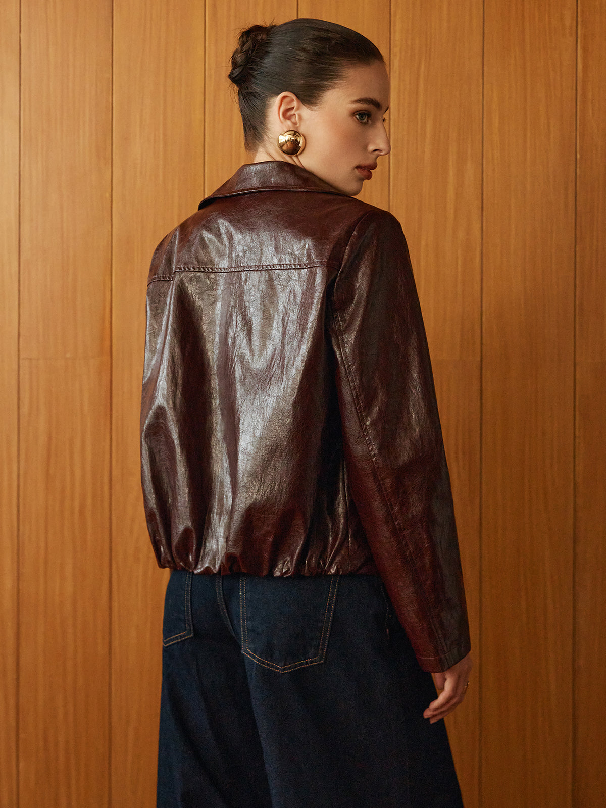 Faux Leather Zipper Short Polo Ceket