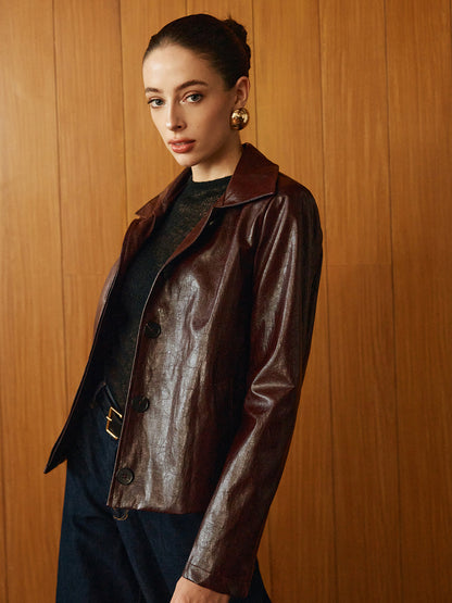 Faux Leather Zipper Short Polo Ceket