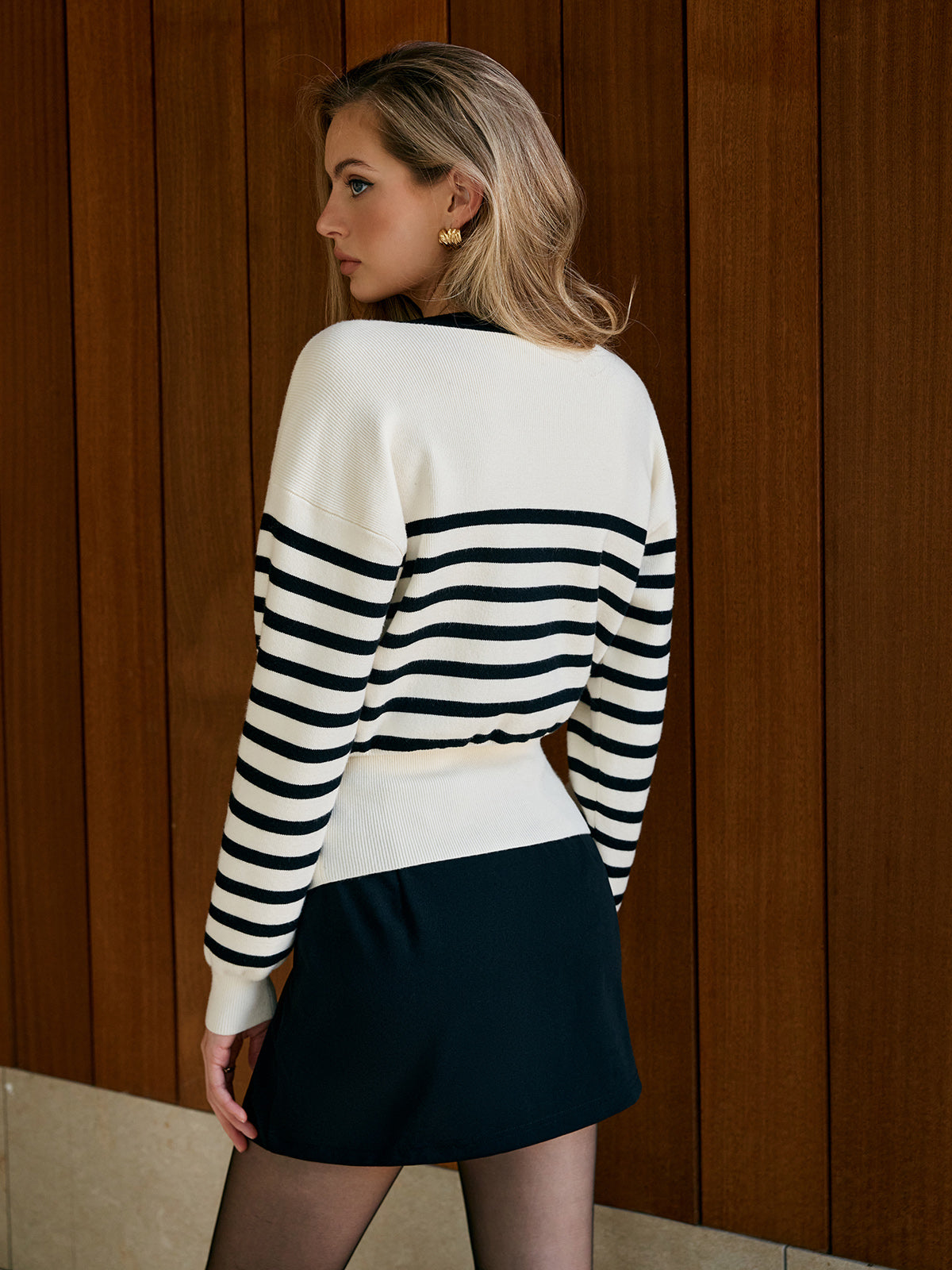 Contrast Striped Metal-Button Knit Ceket