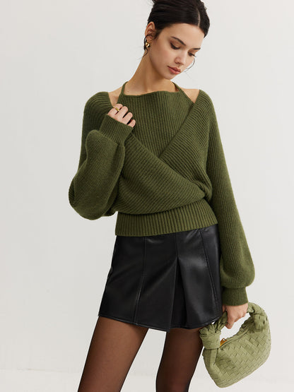 2 in 1 Bat Sleeve Halter Knit Üst