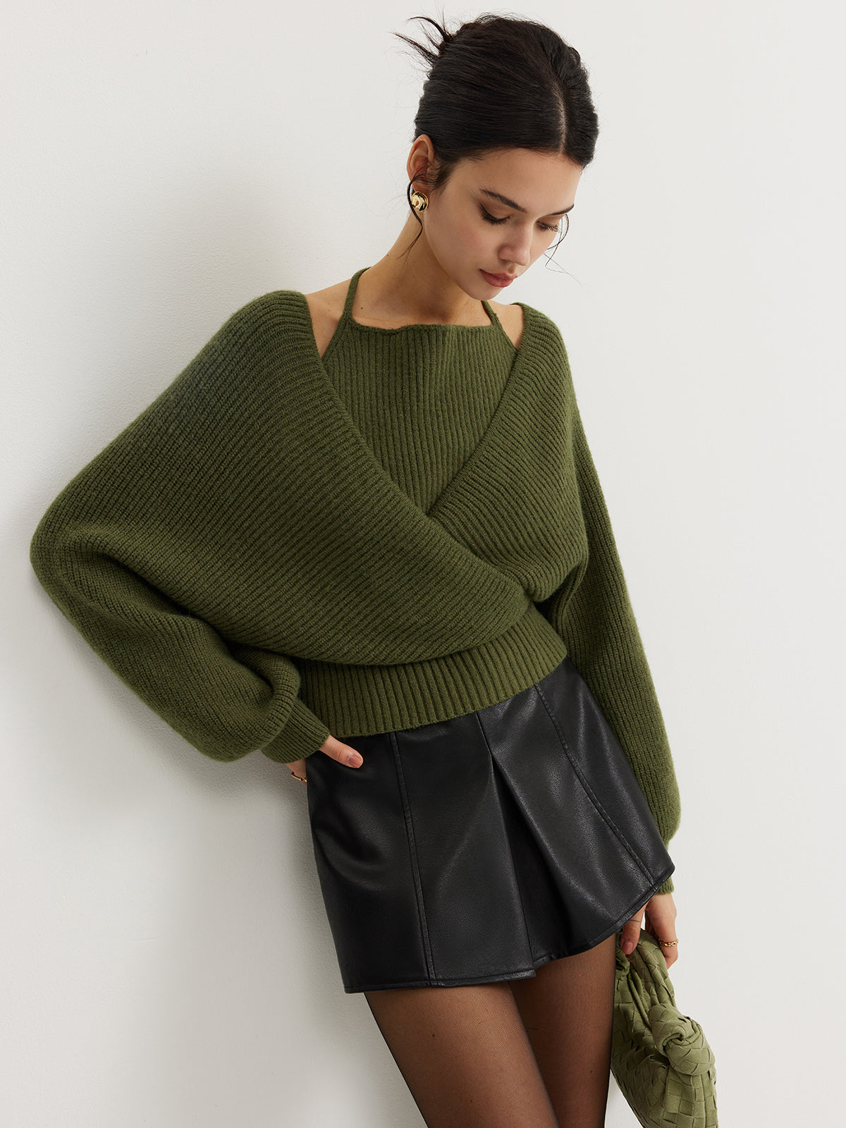 2 in 1 Bat Sleeve Halter Knit Üst