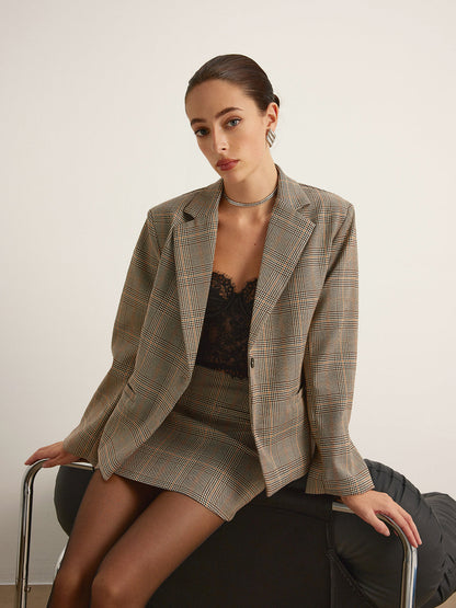 Checked Button Slit Blazer Ceket