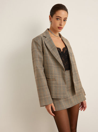 Checked Button Slit Blazer Ceket