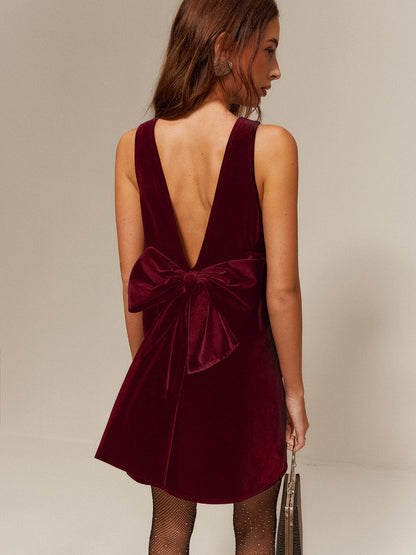 Bow-Decor Backless Velvet Kolsuz Elbise