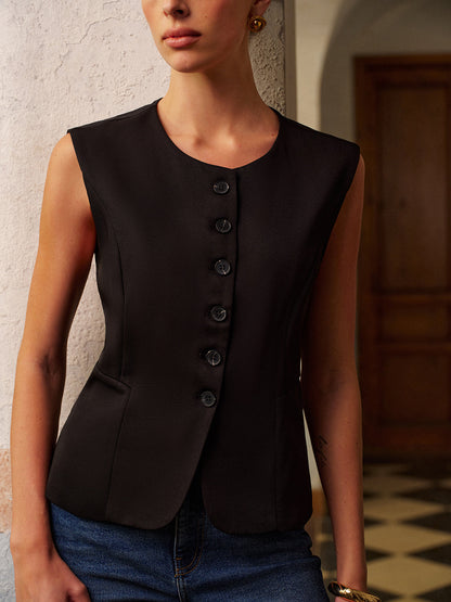 Round Neck Split Button Yelek