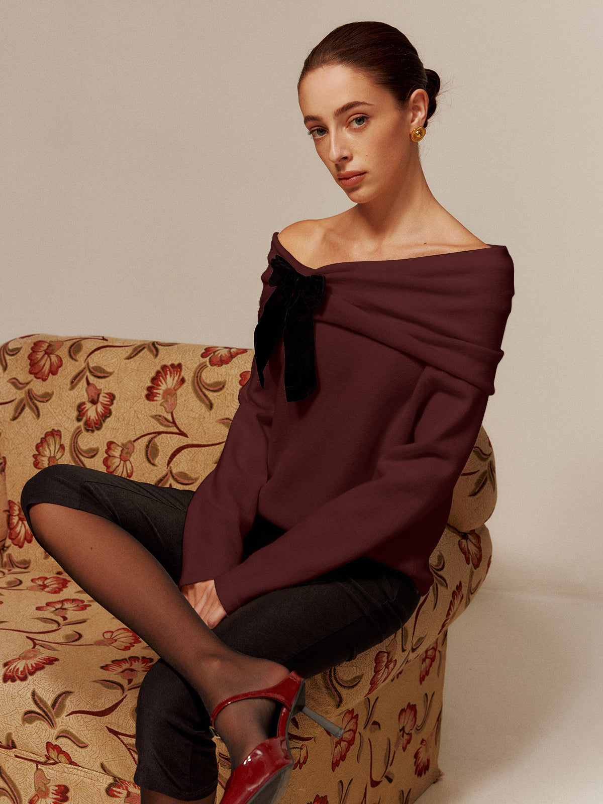 Velvet-Bow Off-Shoulder Ruched Kazak