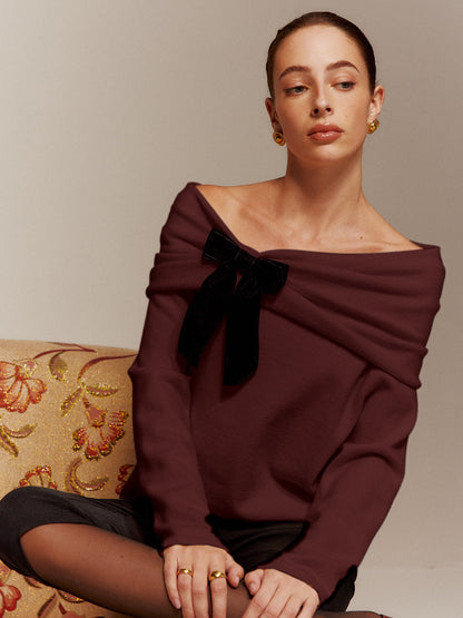 Velvet-Bow Off-Shoulder Ruched Kazak