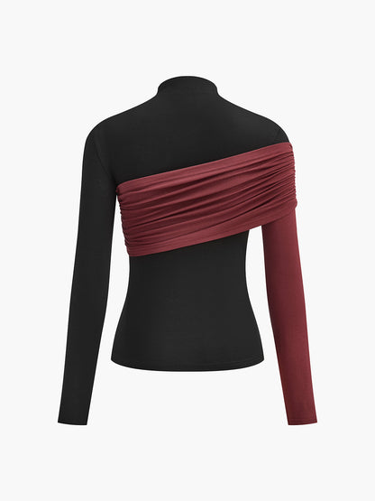 Color Block Pleated Jersey Slim Üst