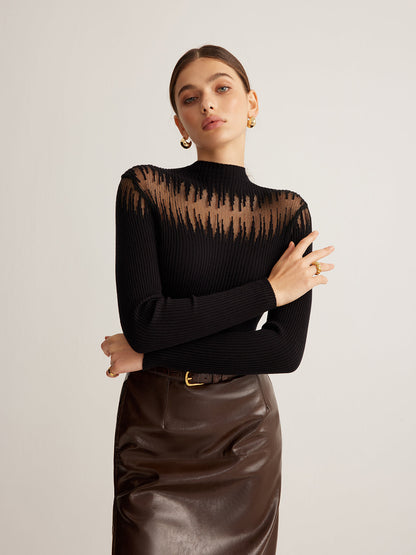 Mock Neck Sheer Panel Knit Üst