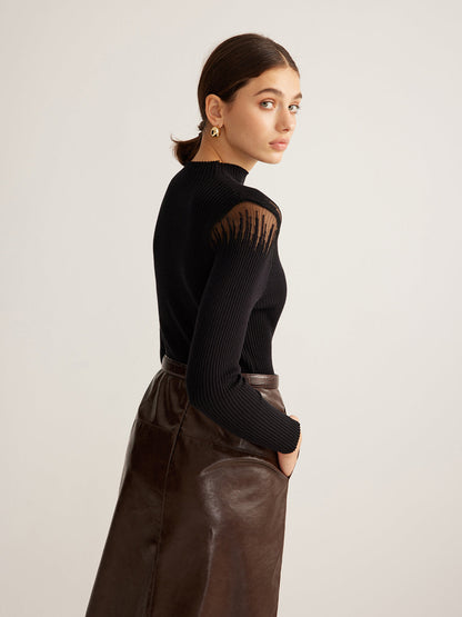 Mock Neck Sheer Panel Knit Üst