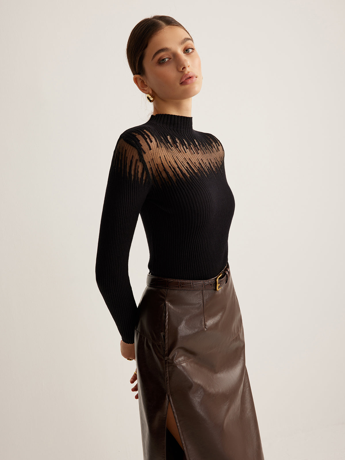 Mock Neck Sheer Panel Knit Üst