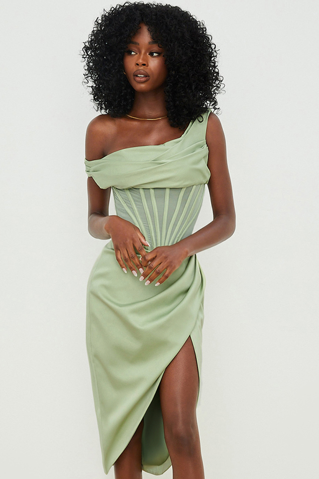 Asymmetric Drape Midi Corset Elbise