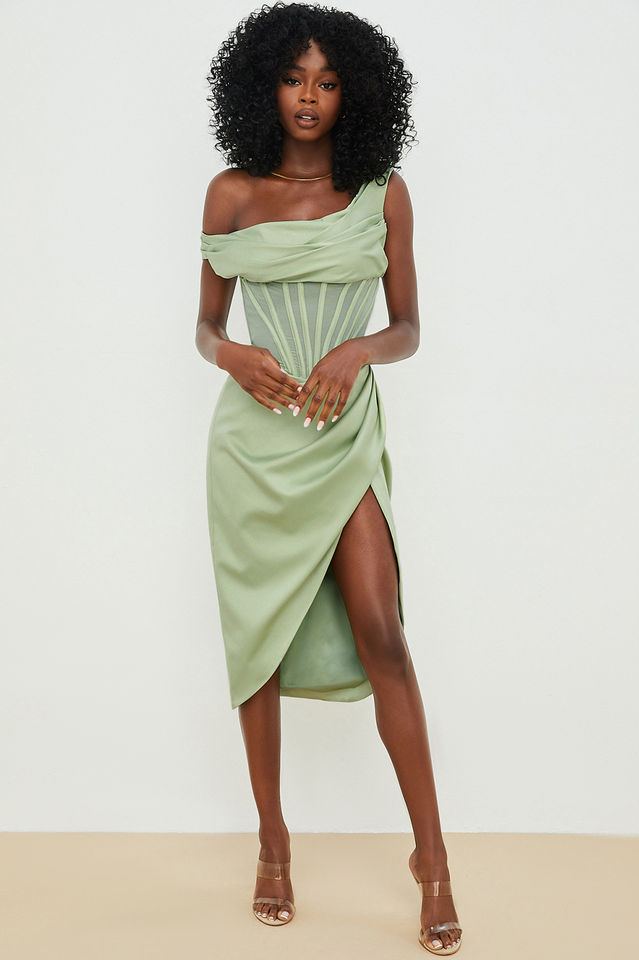 Asymmetric Drape Midi Corset Elbise