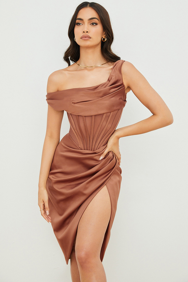 Asymmetric Drape Midi Corset Elbise