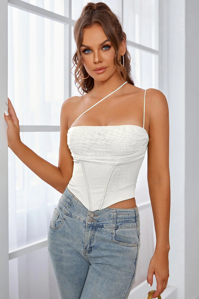 One Shoulder Asymmetrical Hem Mesh Üst