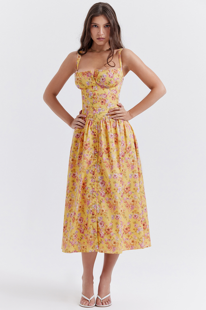 Tatiana Yellow Floral Print Midi Elbise