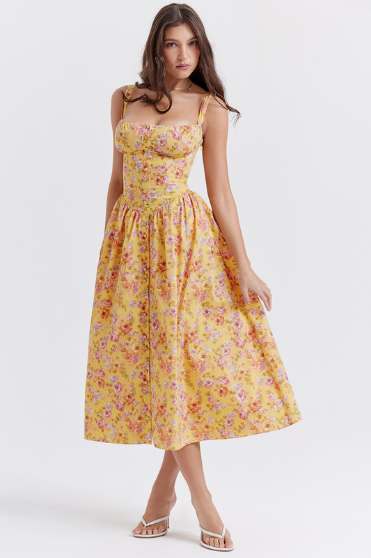 Tatiana Yellow Floral Print Midi Elbise