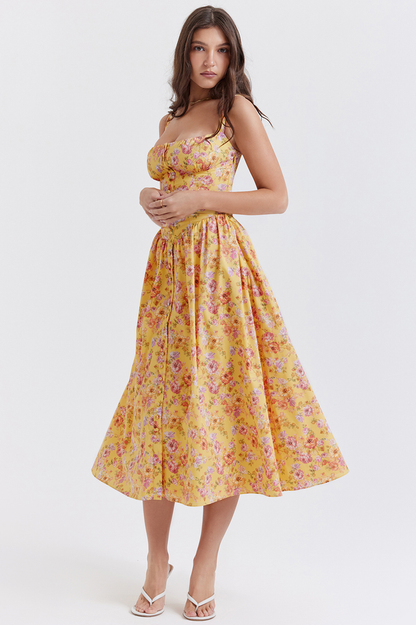 Tatiana Yellow Floral Print Midi Elbise