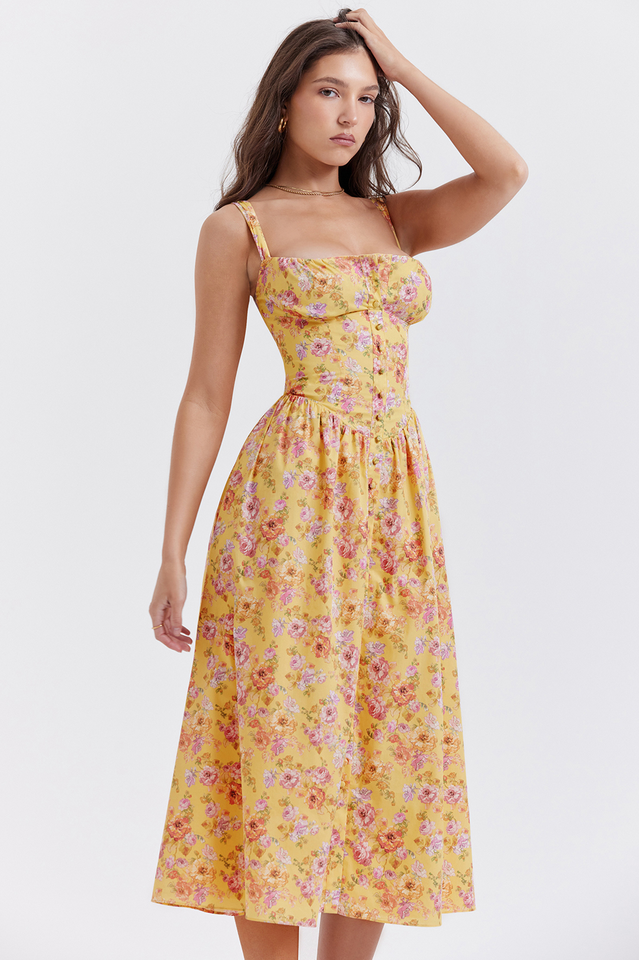 Tatiana Yellow Floral Print Midi Elbise